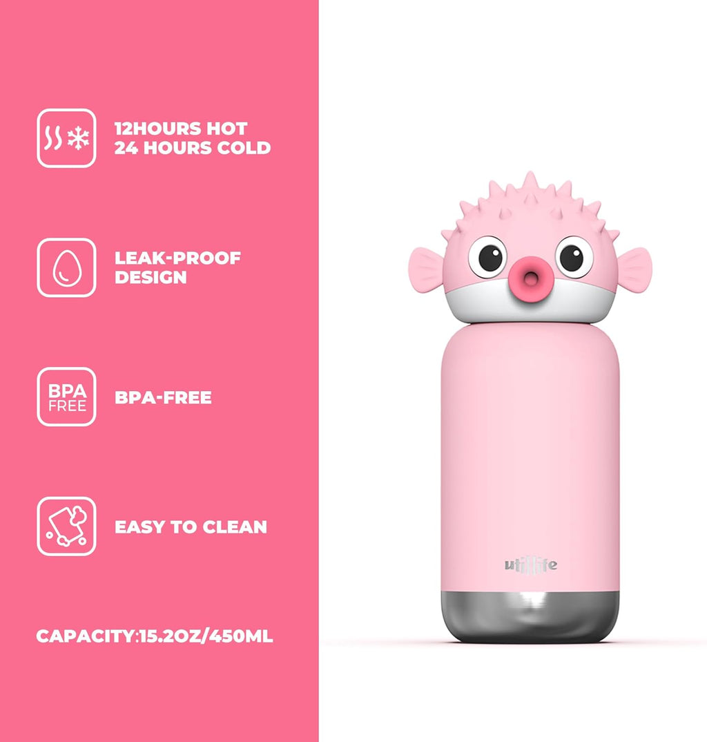 Zoofiesta Kids Insulated Water Bottle - Pufferfish Design - Leak-Proof & BPA-Free