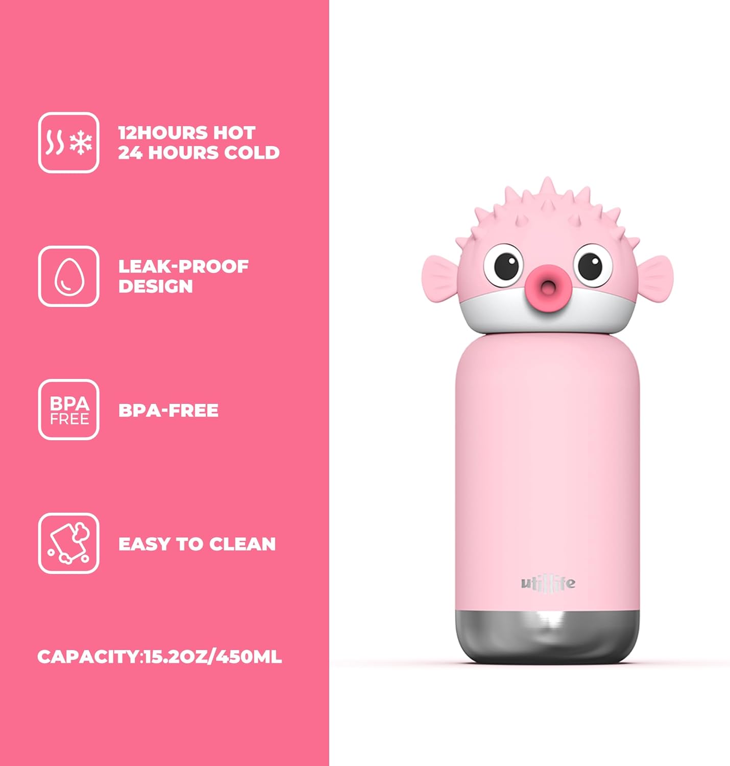 Zoofiesta Kids Insulated Water Bottle - Pufferfish Design - Leak-Proof & BPA-Free