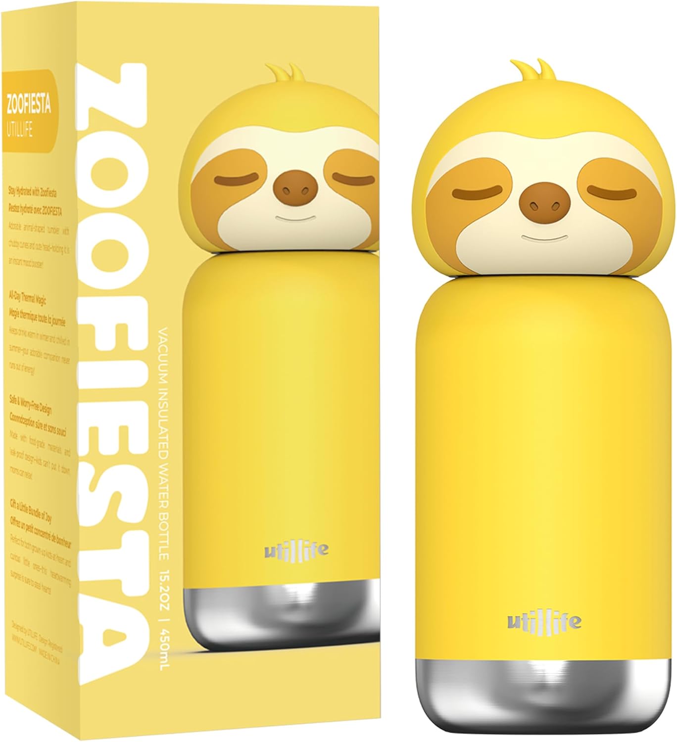 Zoofiesta Kids Insulated Water Bottle - Sloth Design - Leak-Proof & BPA-Free