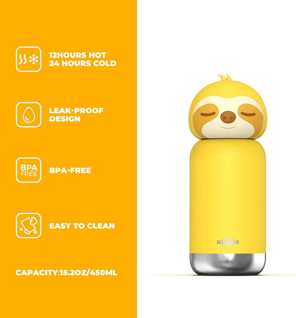 Zoofiesta Kids Insulated Water Bottle - Sloth Design - Leak-Proof & BPA-Free