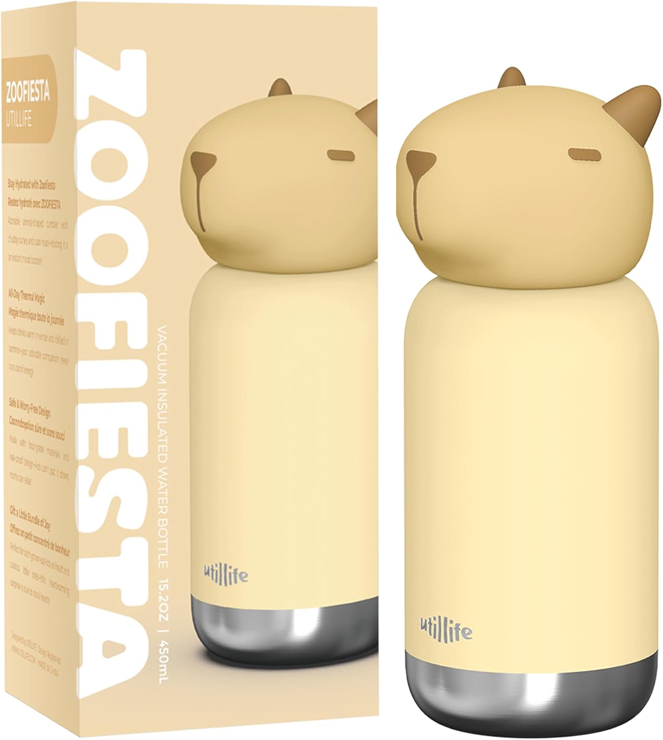 Zoofiesta Kids Insulated Water Bottle - Capybara Design - Leak-Proof & BPA-Free
