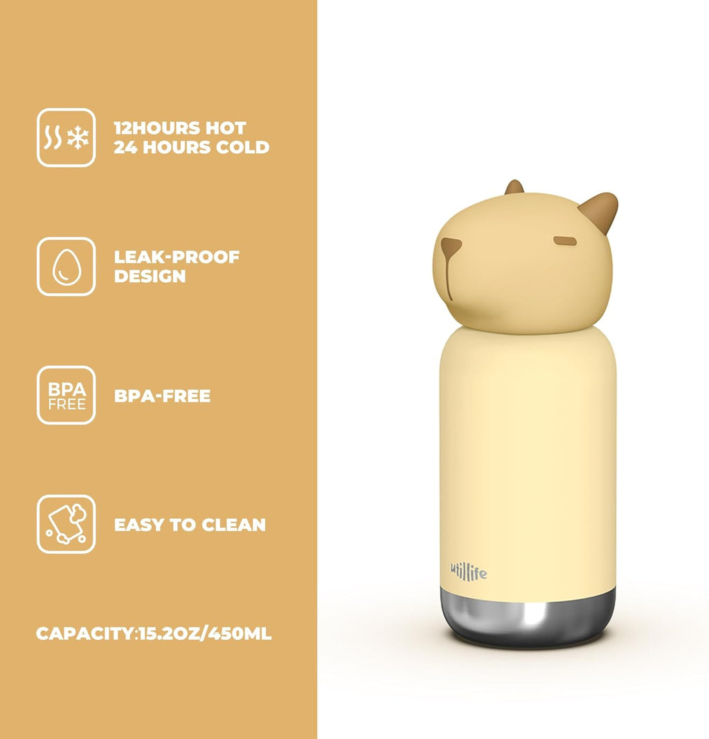 Zoofiesta Kids Insulated Water Bottle - Capybara Design - Leak-Proof & BPA-Free