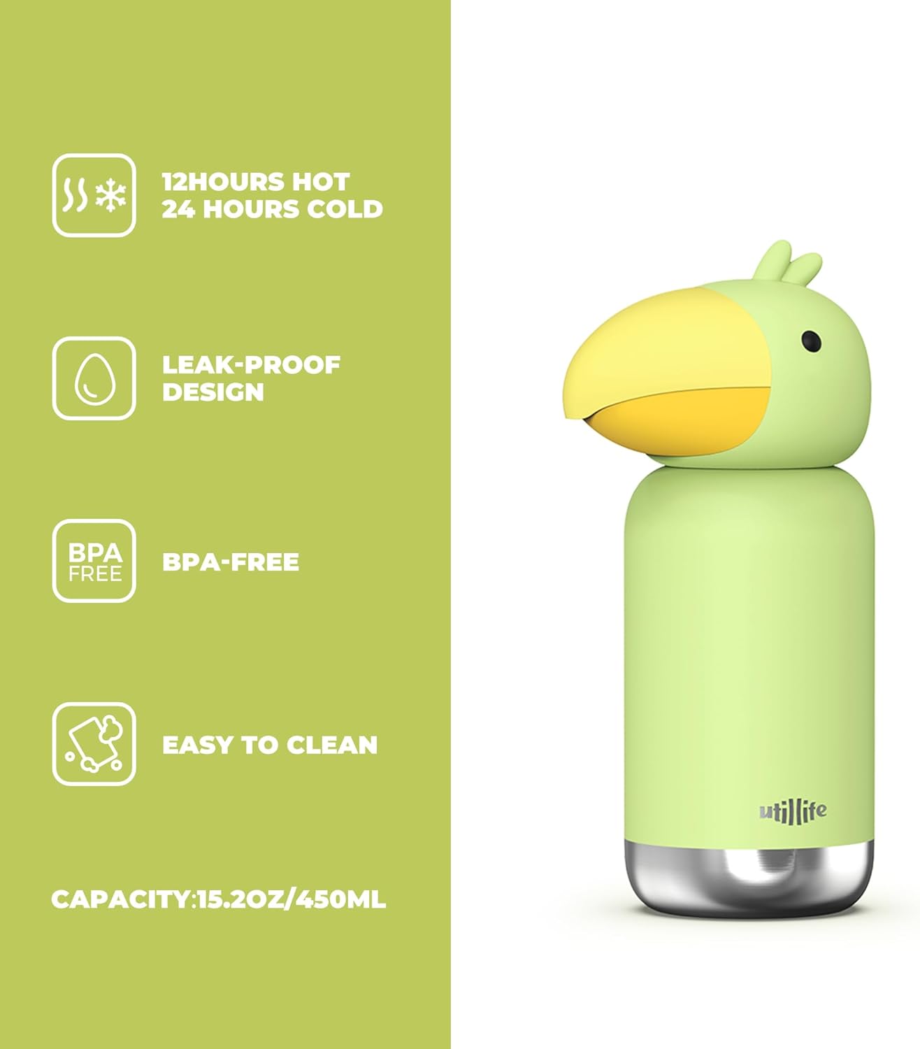 Zoofiesta Kids Insulated Water Bottle - Toucan Design - Leak-Proof & BPA-Free