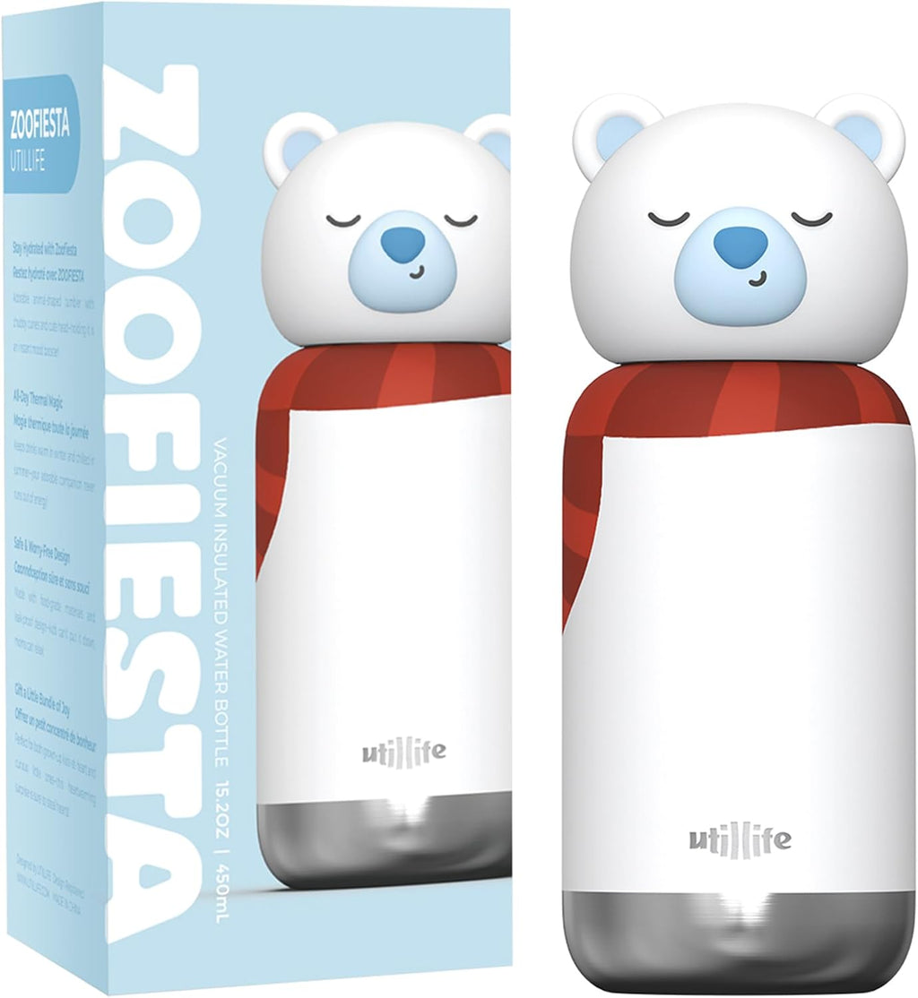 Zoofiesta Kids Insulated Water Bottle - Polar Bear Design - Leak-Proof & BPA-Free